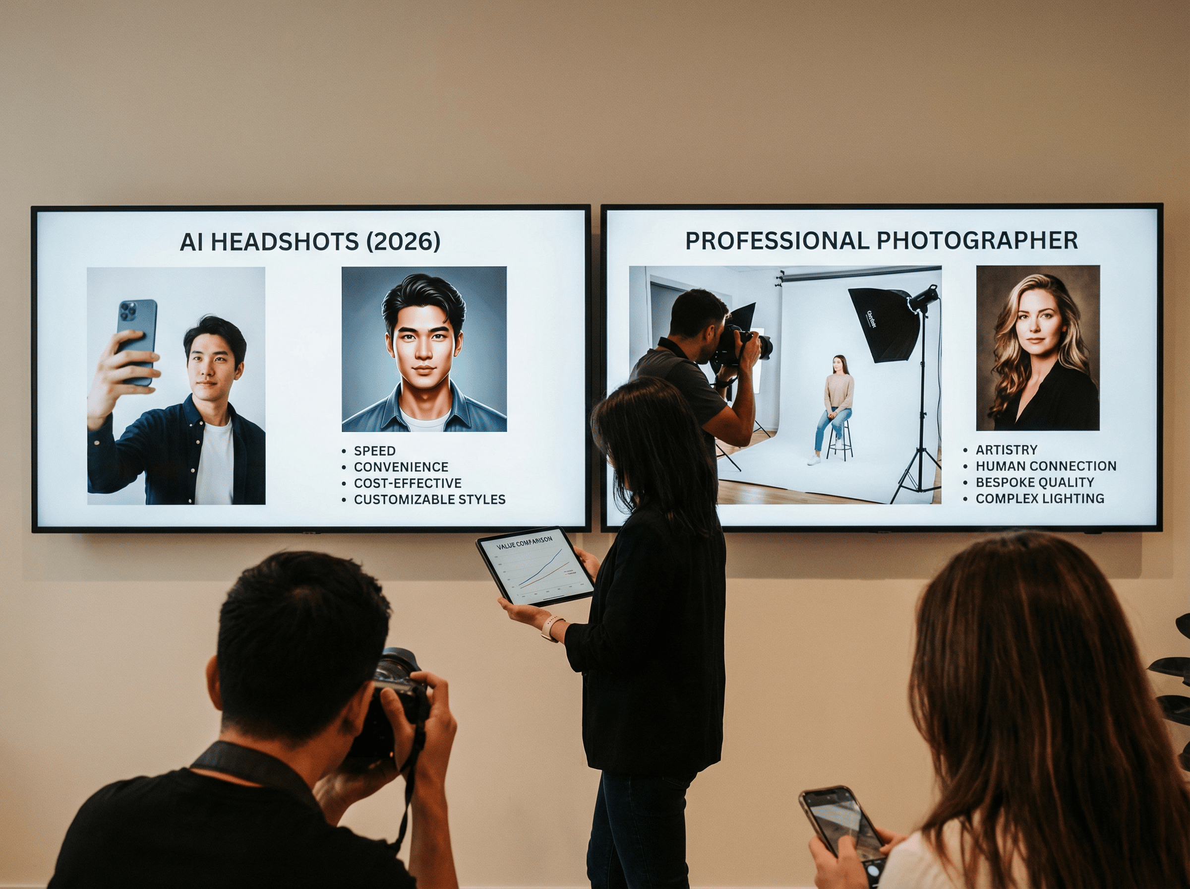 Professional AI-generated headshot comparison showing studio-quality results from Photo AI Studio technology