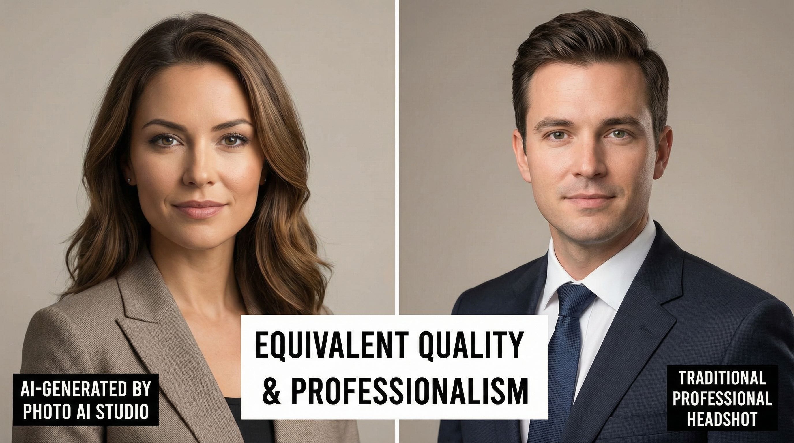 Side-by-side comparison of AI-generated and traditional professional headshots demonstrating equivalent quality and professionalism