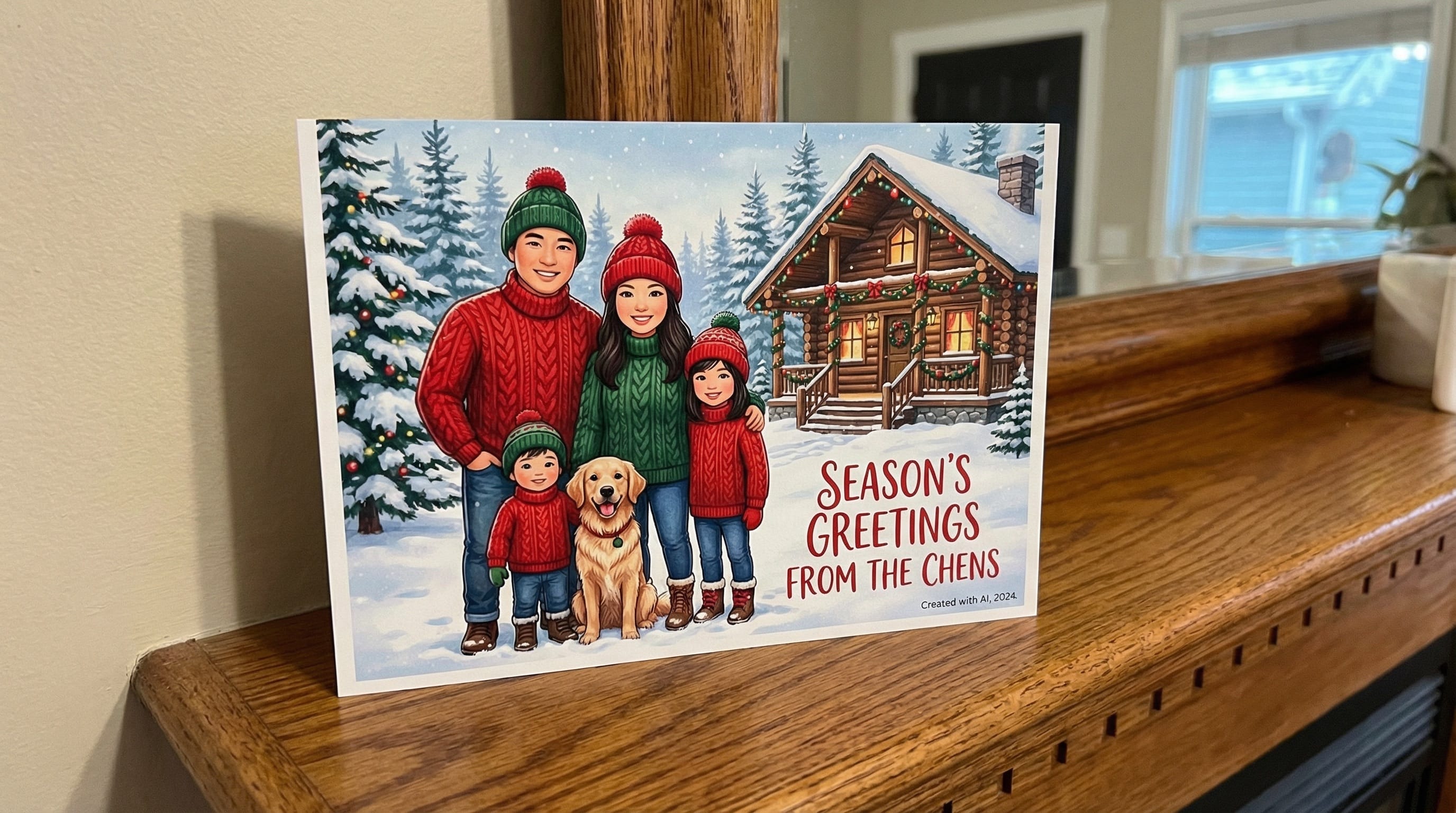 عائلة عربية في صورة معايدة احترافية متناسقة تم إنشاؤها بالذكاء الاصطناعي مع خلفية احتفالية دافئة