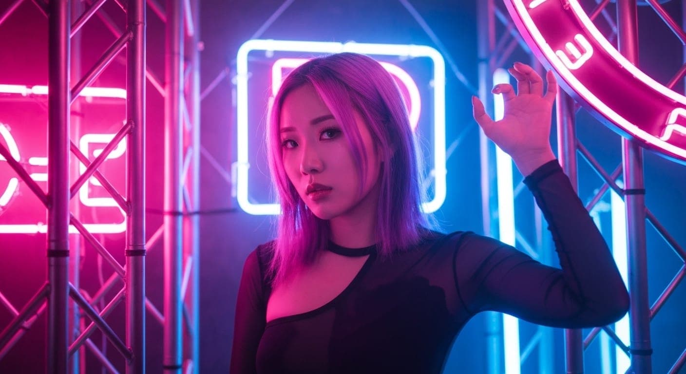 नीयन सौंदर्यशास्त्र और अंतरंग आकर्षण को प्रदर्शित करती आश्चर्यजनक साइबरपंक बौडॉयर छवि।