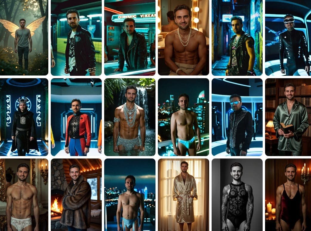 एआई द्वारा निर्मित साइबरपंक बौडोर तस्वीरों का संग्रह, जिसमें विभिन्न नियोन-प्रकाशित दृश्य और भविष्यवादी फैशन दिखाया गया है