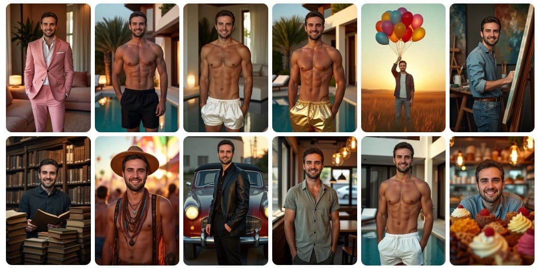 आकर्षक सेटिंग्स में विभिन्न आकस्मिक और स्टाइलिश पोज़ दिखाने वाले AI-जनरेटेड डेटिंग प्रोफ़ाइल फ़ोटो का संग्रह