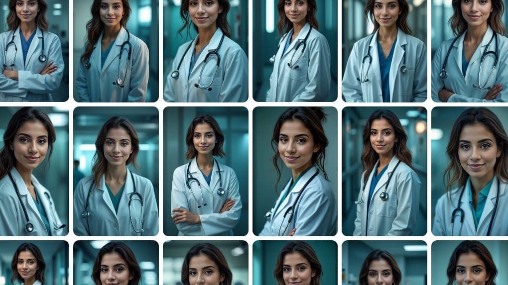 एआई द्वारा निर्मित डॉक्टरों की तस्वीरों का संग्रह, जिसमें विभिन्न चिकित्सा पेशेवरों को प्रयोगशाला कोट और स्क्रब के साथ नैदानिक ​​सेटिंग्स में दिखाया गया है