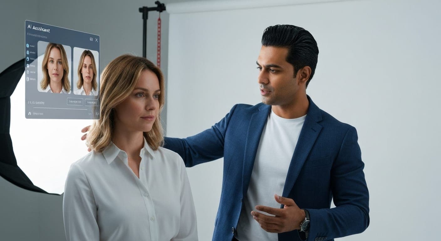 एआई द्वारा निर्मित छवि, जिसमें एक फिल्म निर्देशक को रचनात्मक सेटअप के साथ सेट पर दिखाया गया है।