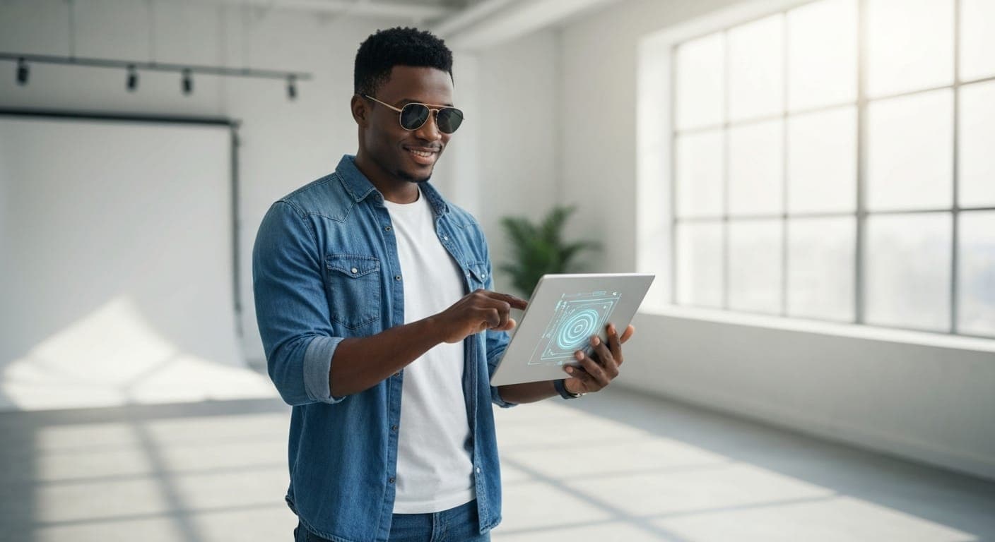 एआई-जनित दृश्यों के साथ रचनात्मक विचारों पर विचार-मंथन करते एक फिल्म निर्देशक का परदे के पीछे का दृश्य।