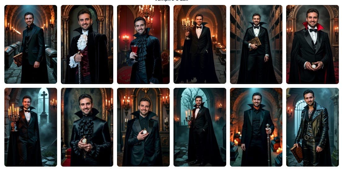 AI द्वारा उत्पन्न हेलोवीन तस्वीरों का संग्रह, जिसमें विभिन्न डरावनी और मजेदार वेशभूषा को भयावह सेटिंग में दिखाया गया है