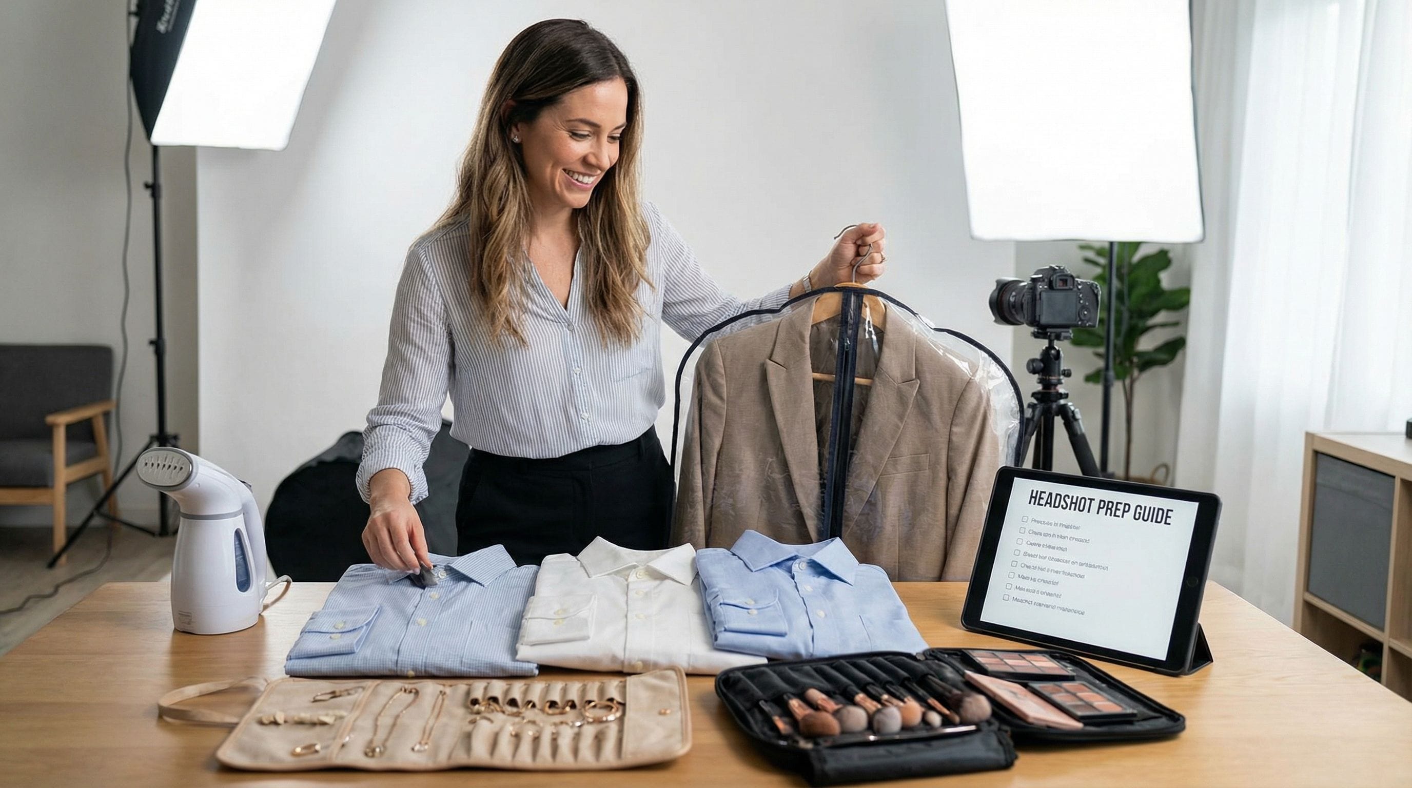 Professional preparing outfit and grooming essentials for headshot session demonstrating how to prepare for professional headshots