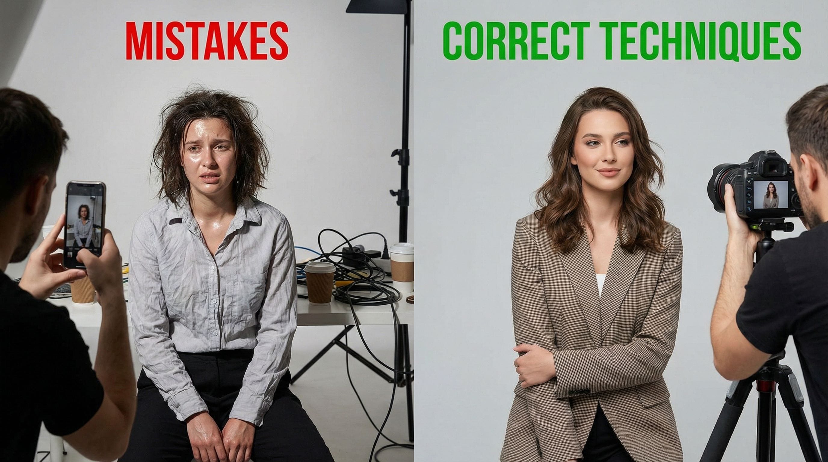 Comparison showing professional headshot preparation mistakes versus correct techniques for camera-ready appearance