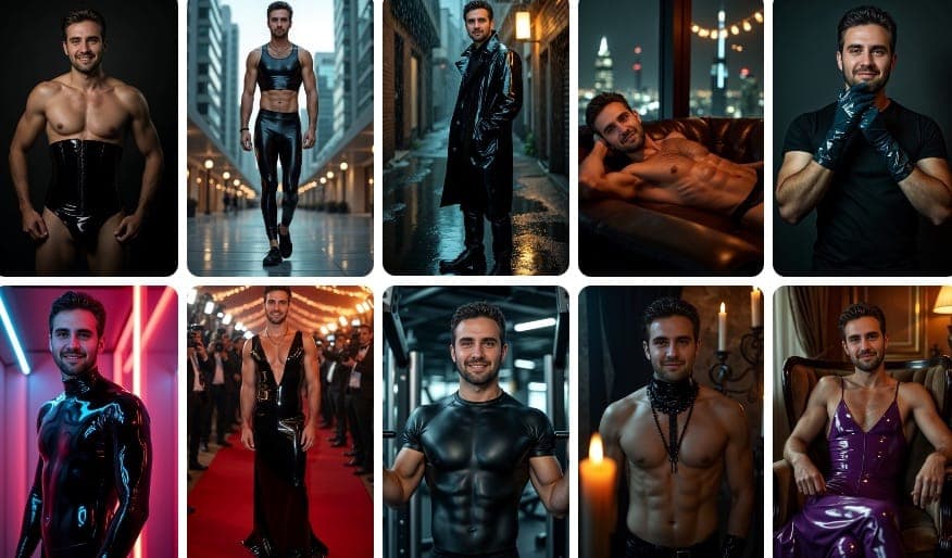 विभिन्न भविष्यवादी और उच्च-फैशन विषयों को दिखाने वाली एआई-जनरेटेड लेटेक्स तस्वीरों का संग्रह