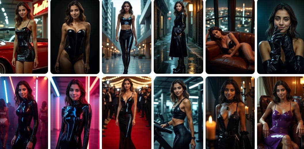 एक साधारण सेल्फी से लेकर आश्चर्यजनक AI-संवर्धित लेटेक्स फैशन पोर्ट्रेट तक के परिवर्तन को दिखाने वाला साइड-बाय-साइड तुलना