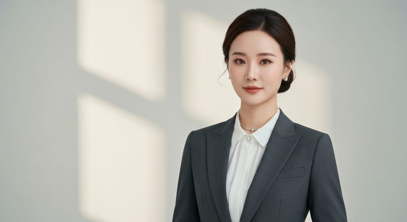 वकील की पेशेवर छवि, जिसमें डार्क सूट और स्मार्ट एक्सेसरीज़ हैं