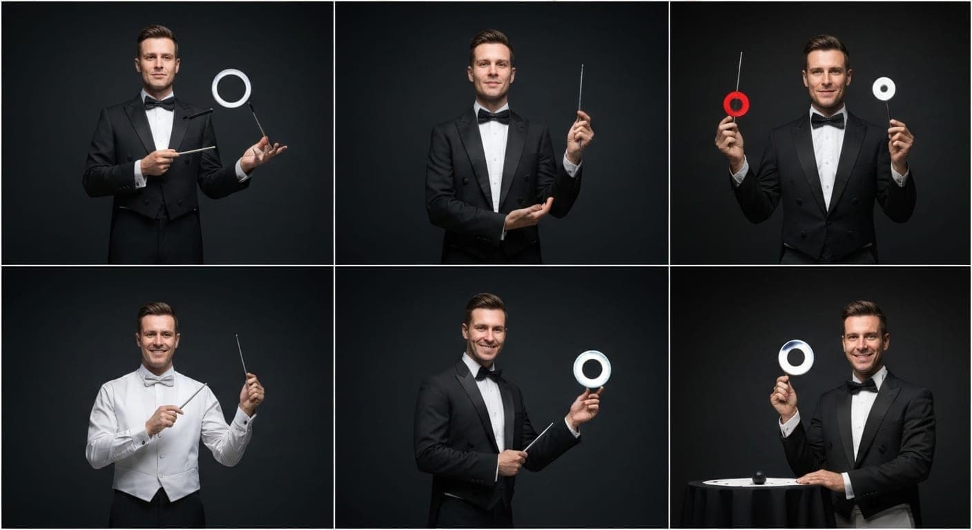 जादूगर की जादुई तस्वीर में गहरे रंग और रहस्यमय पृष्ठभूमि