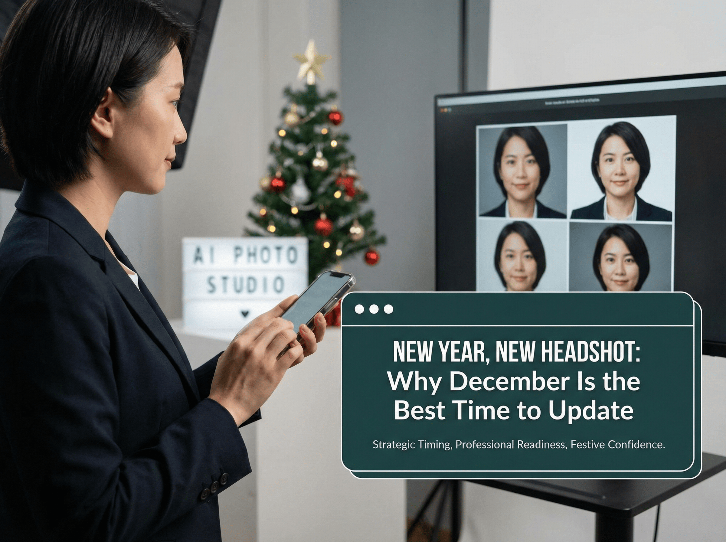 Professional comparing December versus January timing for new year headshot updates showing strategic planning advantages