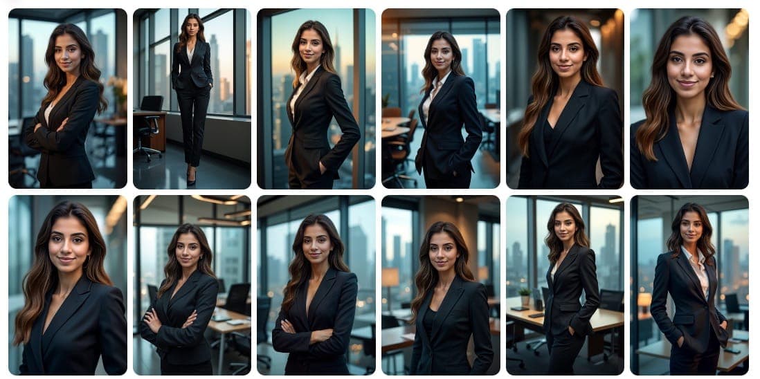 一组由人工智能生成的专业头像，展示了公司环境中的各种商务着装和姿势