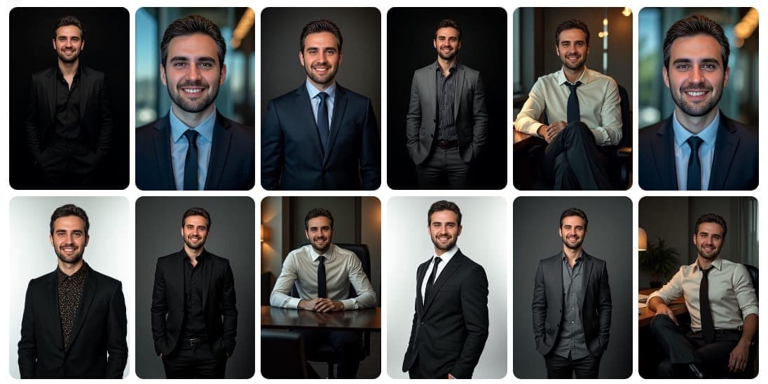 并排比较传统和人工智能生成的专业头像，展示人工智能结果的质量和一致性