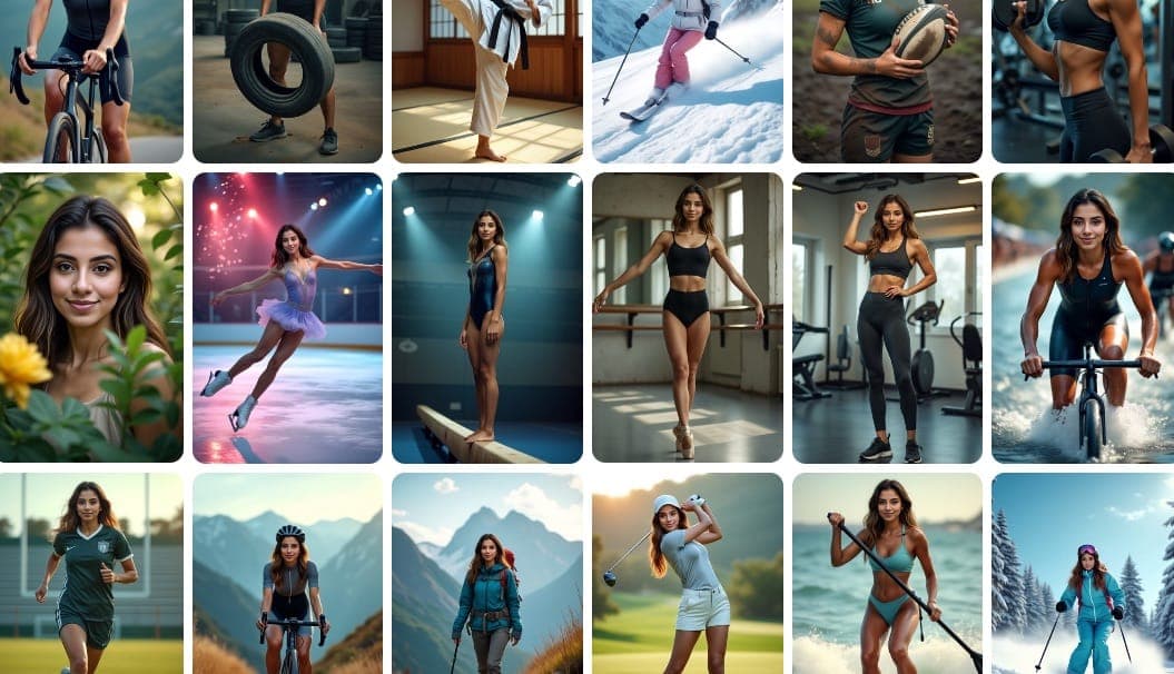 Коллекция спортивных фотографий, созданных с помощью искусственного интеллекта, на которых показаны различные позы спортсменов и кадры действий в разных видах спорта.