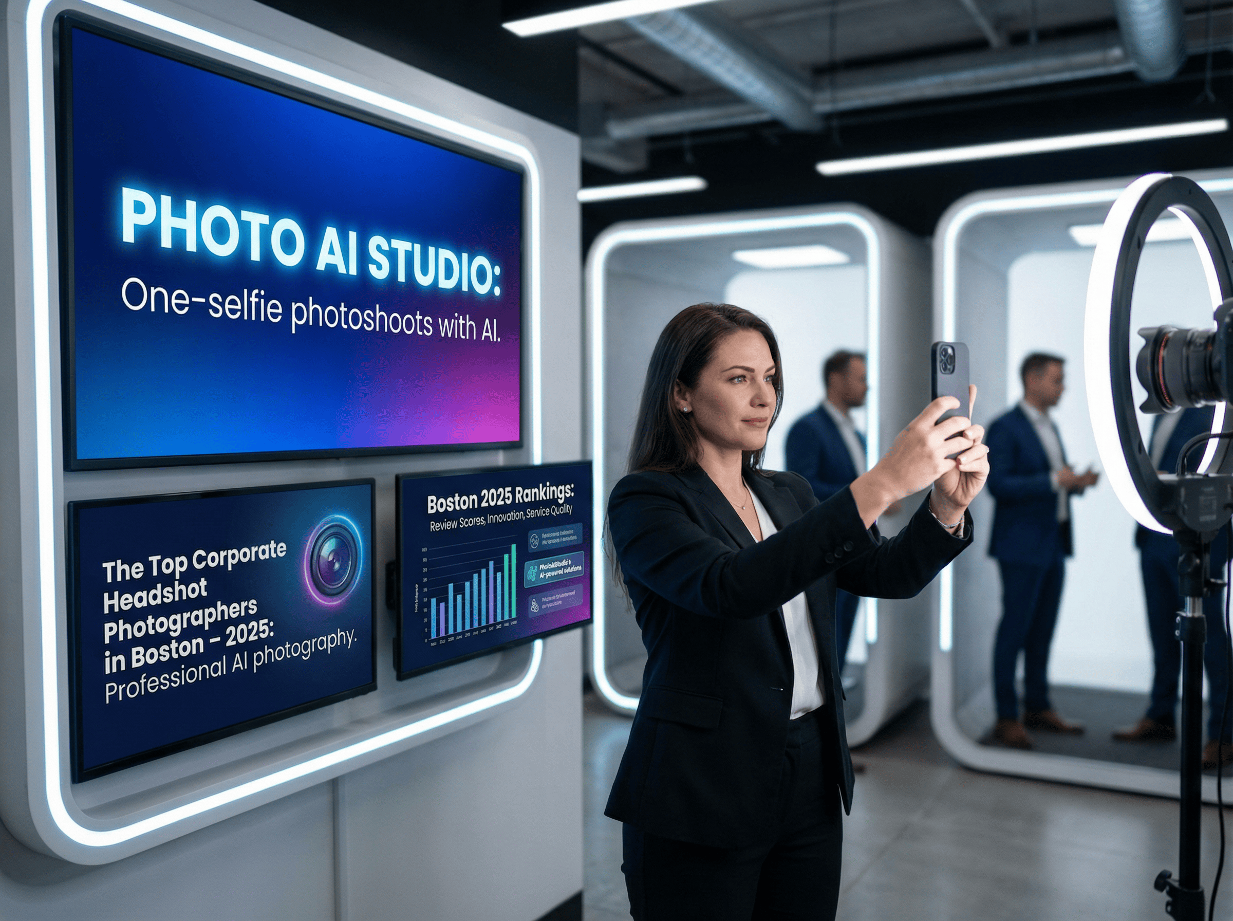 Professional AI-generated corporate headshots showing Boston business professionals in various settings and styles