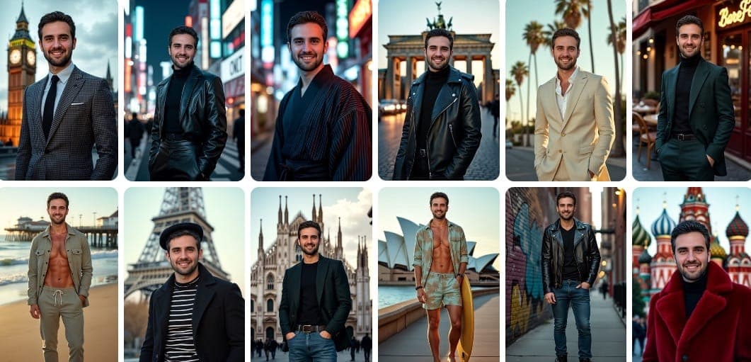 人工智能生成的旅行照片集，展示了世界各地各种标志性地点和壮丽风景中的人们