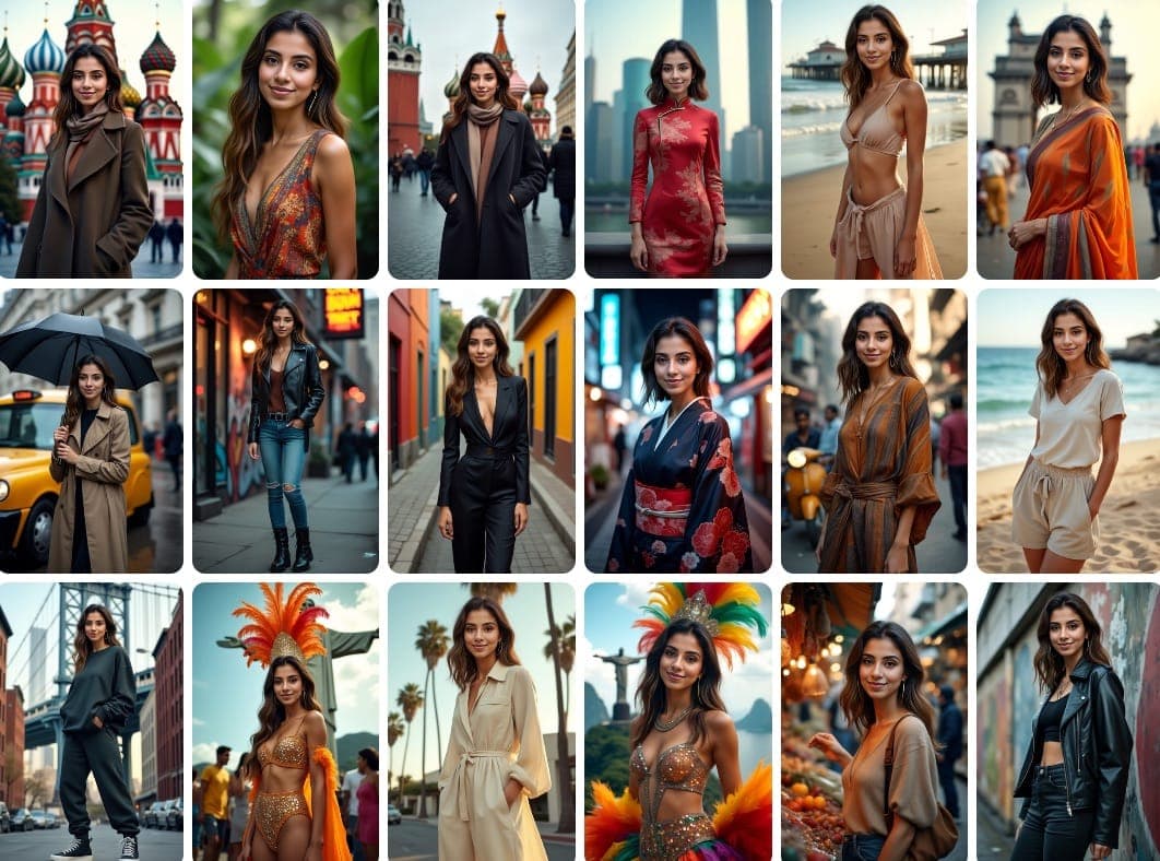 并排比较展示了从基本的自拍照到令人惊叹的异国风情 AI 增强旅行肖像的转变