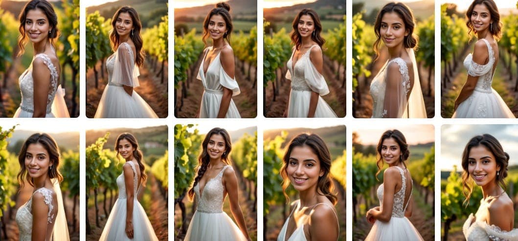 Коллекция свадебных фотографий, созданных с помощью искусственного интеллекта, на которых показаны различные романтические позы и элегантные свадебные декорации.